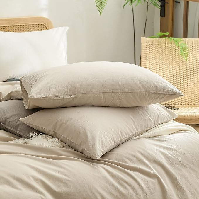 BESTOUCH Duvet Cover Set 100% Washed Cotton Linen Feel Super Soft Comfortable Chic Lightweight 3 PCs Home Bedding Set Solid Almond Milk Grey Super Queen
