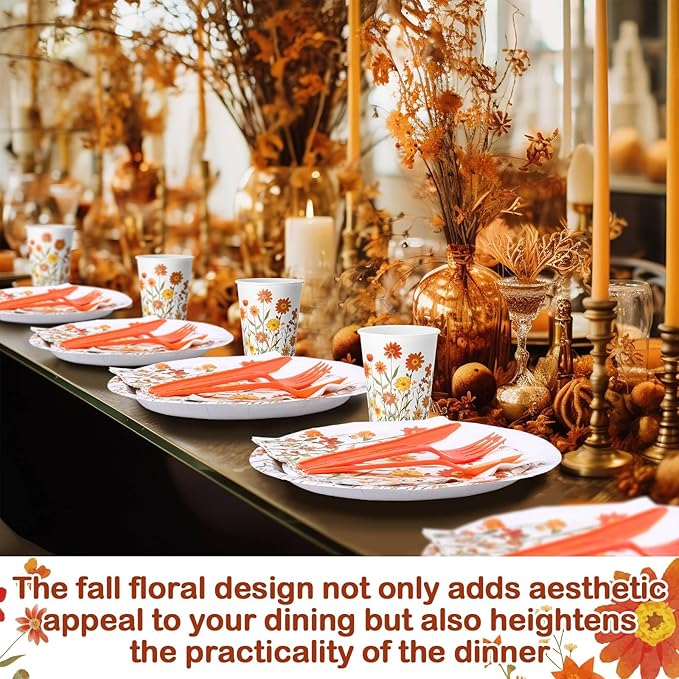 400 Pcs Fall Floral Disposable Paper Plates Napkins Cups Serve 50 Watercolor Wildflower Tableware Set for Autumn Thanksgiving Harvest Wedding Tea Party Decoration Bridal Shower Baby Shower