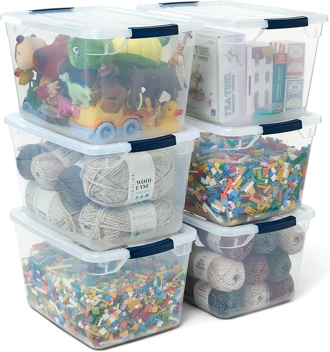 Rubbermaid Cleverstore Clear 32 Qt, 6 Pack Stackable Plastic Storage Containers with Durable Latching Clear Lids, Visible Storage, Great for Closet and Laundry Storage, Organizing in the Home