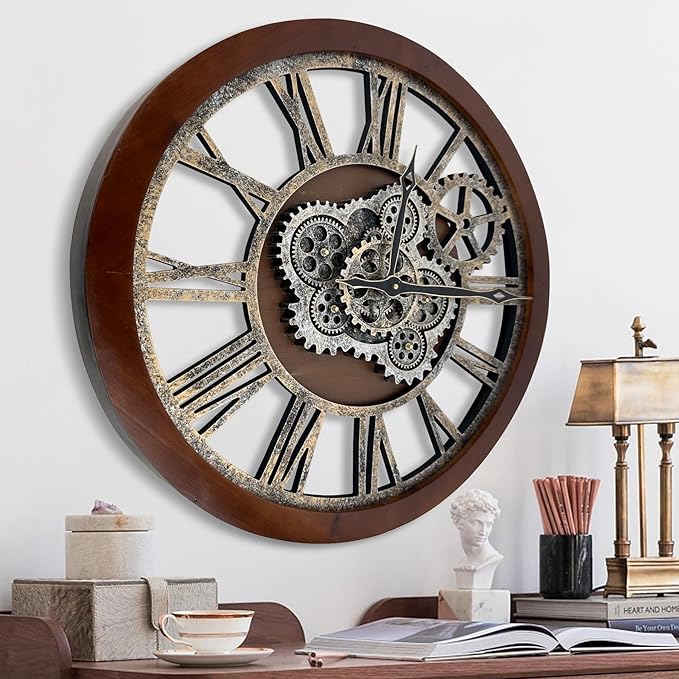 HOIBAI Farmhouse Vintage Industrial Oversized Wall Clock - 24 in (60cm) Moving Gear Wall Clock for Living Room Decor
