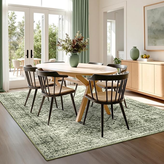 MIULEE 5x7 Vintage Living Room Rug Washable Area Rugs Low Pile Floor Mat for Bedroom Dining Room Non-Slip Stain Resistant Soft Indoor Carpet for Home Decor, Green