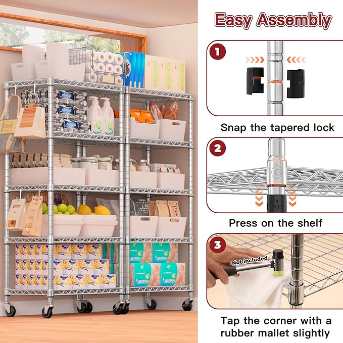 PrimeZone 3 Pack Steel Storage Wire Shelving 5 Tier Metal Shelves with Wheels,Adjustable Kitchen Utility Shelving Unit,Pantry Rack Rolling Metal Shelf Laundry,Chrome 24" Wx18 Dx75 H