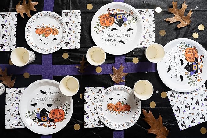 Halloween Fun Tableware Pack: Disposable Paper Plates, Napkins and Cups Set for 20