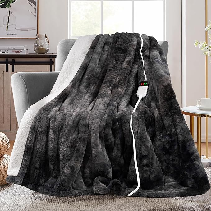 MAXEVE Electric Heated Blanket 84"x 90" Rabbit Faux Fur Queen Blankets with Dual Controllers 8 Heating Levels & 8H Auto Off, Fast Heating Warm Sherpa Washable Throw with ETL Certification, Grey