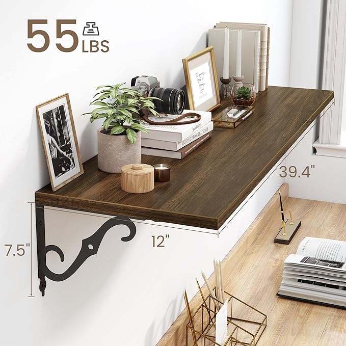 40 Inch Floating Shelves Wall Mounted, 12 Inch Deep Wall Shelves with Bracket, Rustic Hanging Bookshelf, 40" Bookshelves for for Living Room, Kitchen and Bedroom, Walnut, Set of 2