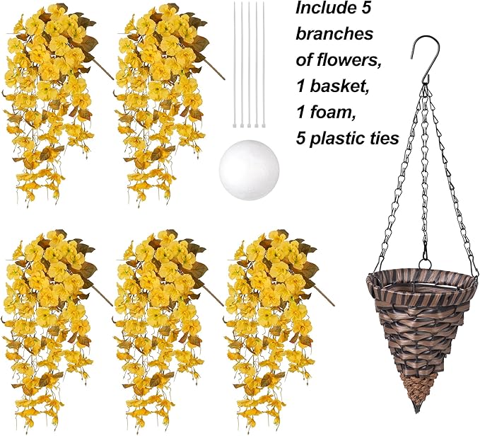 Ivydale Artificial Fall Hanging Flowers with Basket for Outdoors Decoration, Fake Hibiscus Vines Faux Plants Realistic Silk Flowers for Planters Outside Home Patio Porch Balcony, Fall Yellow