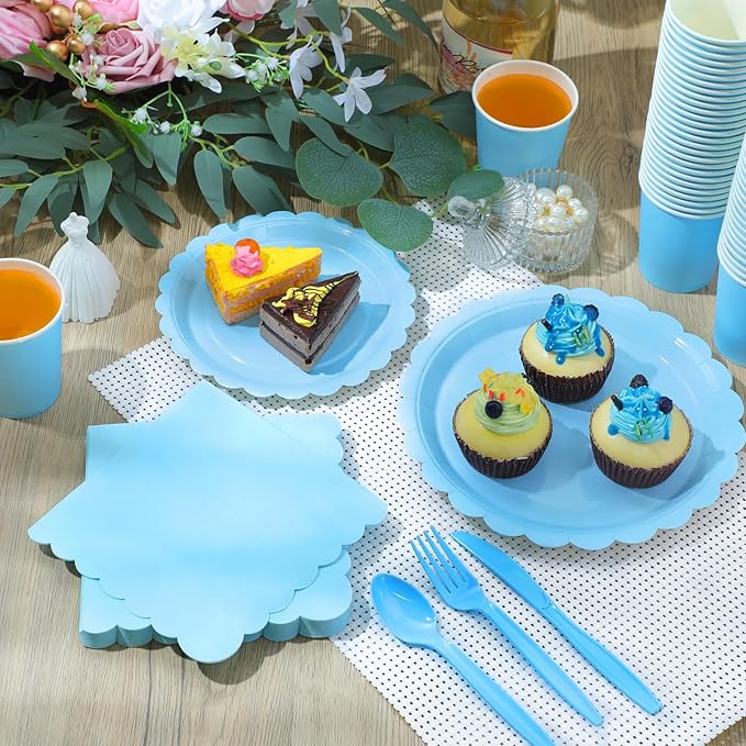 350 Pcs Baby Blue Plates and Napkins, 50 Guest Spring Party Supplies Include Scalloped Paper Plates Napkins Cups Plastic Spoons Forks Knives Disposable Tableware Set for Baby Shower