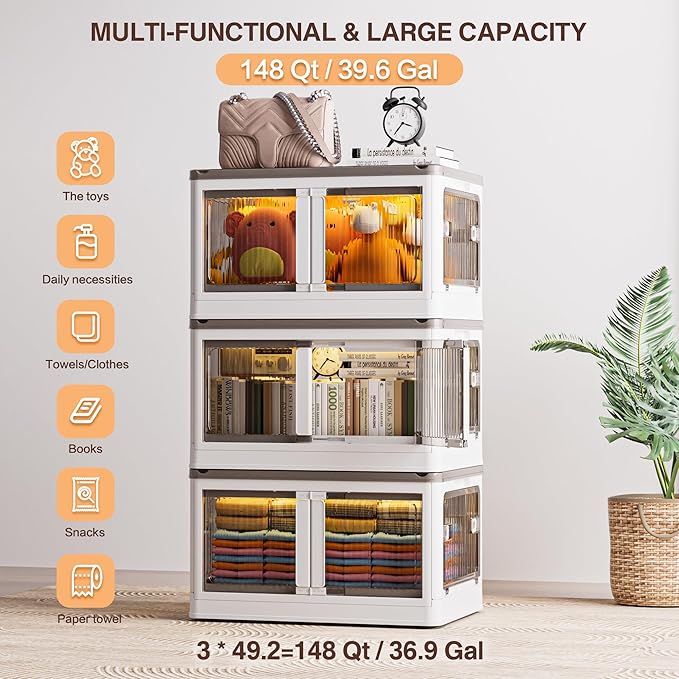 148QT Large Bins Storage with Lids, 36.9 Gal 3 Tier Plastic Stackable Storage Bins with Doors & Wheels, 5-Open Ways Collapsible Storage Bins for Closet Organizers and Storage-Room Office Livingroom