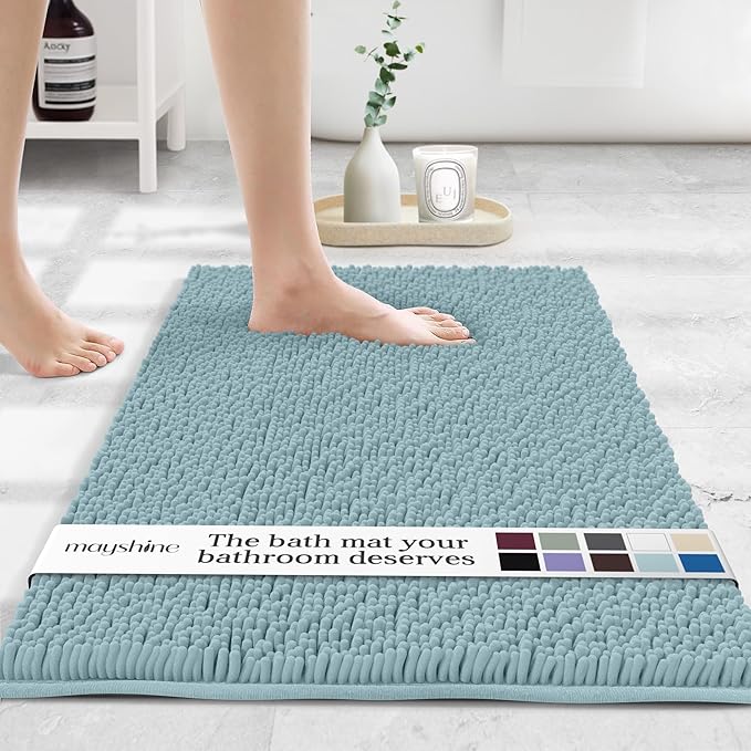 MAYSHINE Plush Shaggy Chenille Bath Mat | Extra Soft, Super Absorbent, Non-Slip Bathroom Rug | Fluffy Microfiber, Area Rug Sets for Bathroom Floor, Kitchen, Living Room | 24"x17" | Spa Blue
