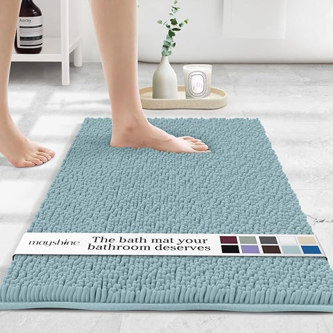 MAYSHINE Plush Shaggy Chenille Bath Mat | Extra Soft, Super Absorbent, Non-Slip Bathroom Rug | Fluffy Microfiber, Area Rug Sets for Bathroom Floor, Kitchen, Living Room | 24"x17" | Spa Blue