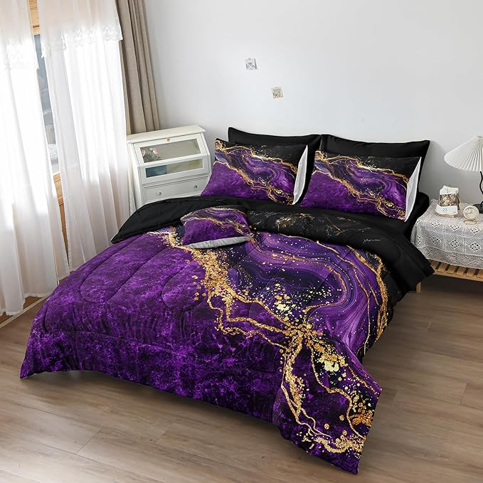 Gold Comforter Set 8 Pcs Purple Marble Bedding Set King Size Bed in A Bag Purple and Black Marble Stone Texture Abstract Room Decor Bed Comforter