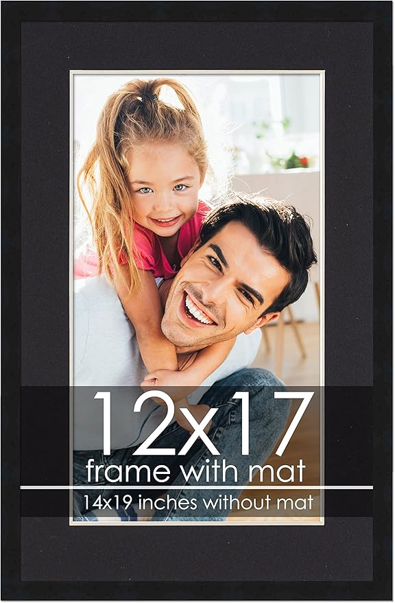 12x17 Frame with Mat - Black 14x19 Frame Wood Made to Display Print or Poster Measuring 12 x 17 Inches with Black Photo Mat