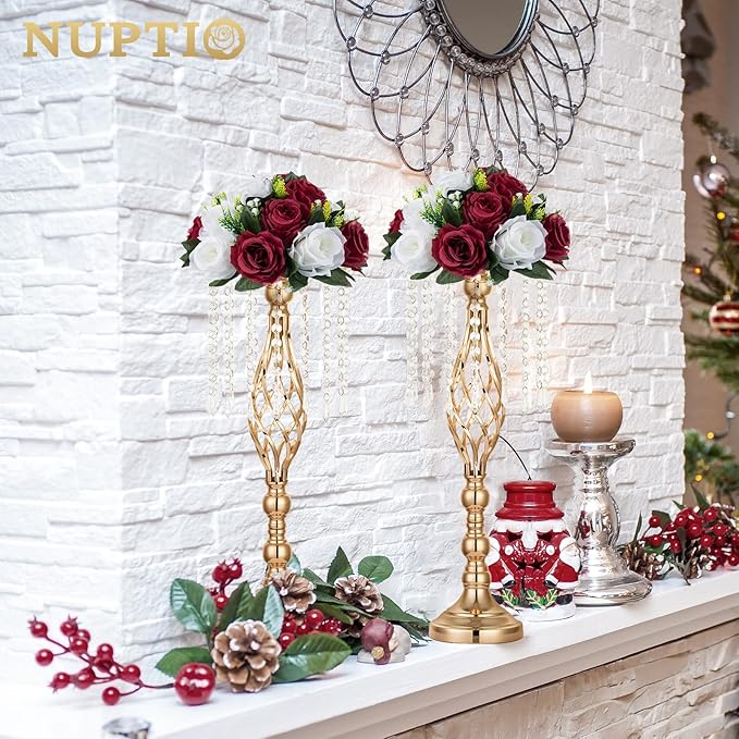 NUPTIO Flower Wedding Centrepieces for Tables - 2 Pcs 9.5in Diameter Burgundy & White Artificial Flowers Rose Ball for Centerpieces Table - Fake Rose Arrangements for Weddings Birthday Party Decor