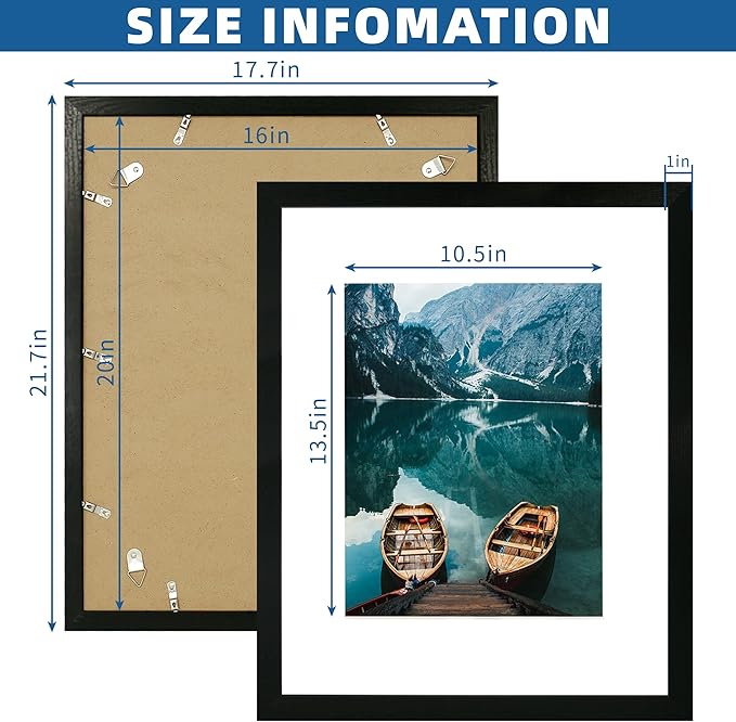 16x20 Frames Set of 2, Rustic Black Wood Style - Display 16 x 20 Picture without Mat or 11x14 Picture with Mat, Wall Mounting Horizontal and Vertical