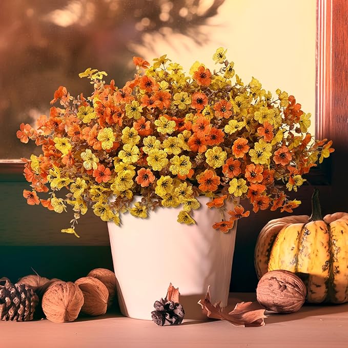 Artificial Fake Hanging Baskets Fall Flowers for Outdoors Autumn Decoration, 12 PCS Faux Daisy Silk Plants Outside UV Resistant Look Real Yard Patio Front Porch Balcony Home Decor (Orange Yellow)