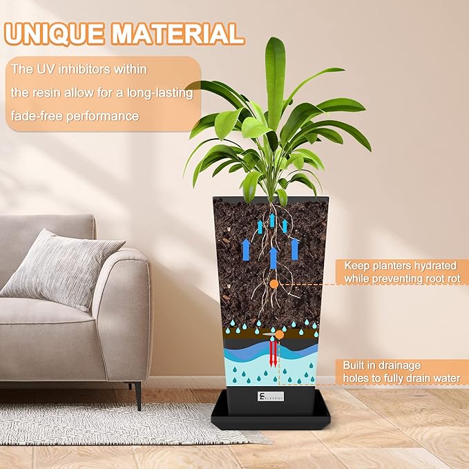 Elevens Outdoor Planter Larger Flower Pots Indoor Taper Garden V-Shape Tall Planters 29 inches Garden Pots Planter - Black（2 Packs）