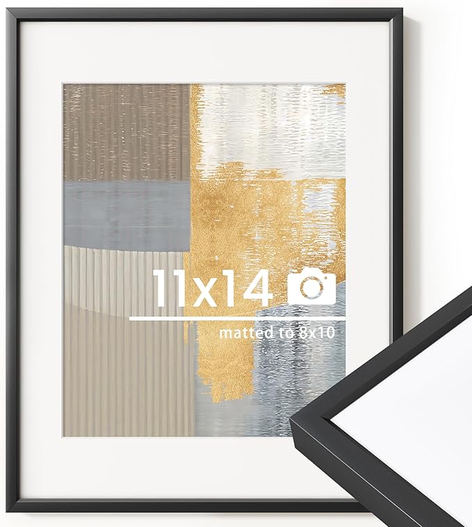 11x14 inch Metal Picture Frame - 11 x 14 Thin Aluminum Photo Frames with 8x10 Removable Mat - High Definition Plexiglass - Vertical and Horizontal Display - Wall Hook Hanging Hardware Included - Black, Set of 1