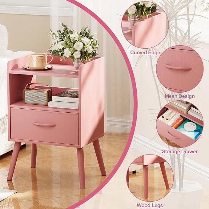 NightStand with Open Shelf,Night Stand with Drawer Storage Side Tables End Table,Bedside Table with Solid Wood Feet,Mid Century Night Stands for Bedroom Sofa Couch Small Spaces (Pink)