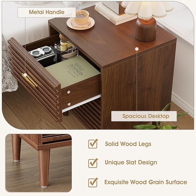 Alohappy Nightstands Set of 2, Mid Century Modern Night Stands, Fluted Bedside Table for Bedroom, Side End Table with Storage Drawers, Vintage Wood Accent Table for Living Room, Brown 2pcs