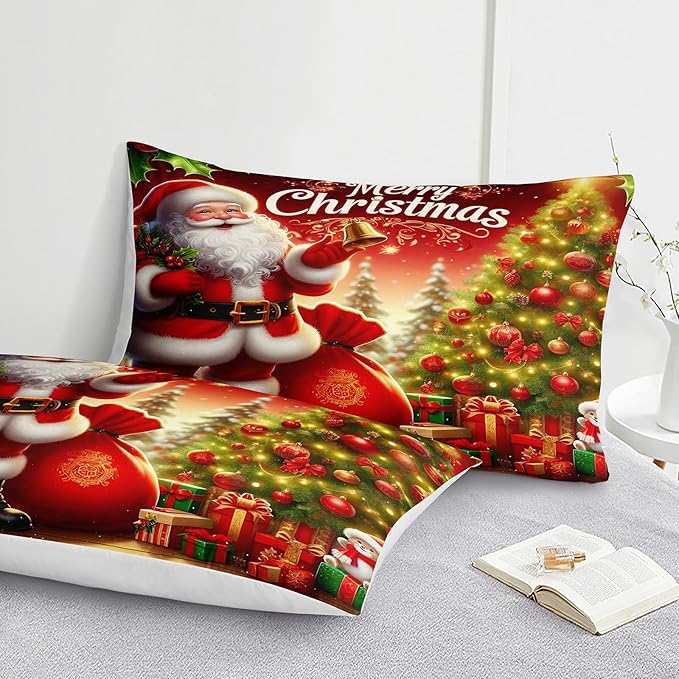Bedorm Red Christmas Bedding Comforter Santa Claus Comforter Set Green Red Christmas Tree Holiday Decor Boys Girls Cute Xmas Quilt Comforter Set King Size