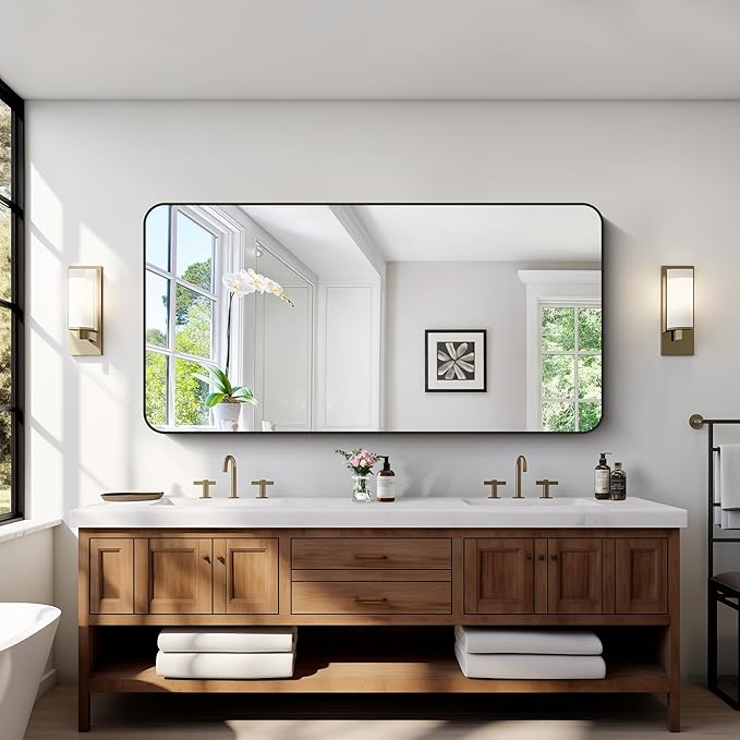 Bathroom Mirror, 30x60 inch Black Rectangle Wall Mirror, Metal Frame Rounded Corner Vanity Mirror, Large Wall Mounted Mirrors for Over Sink Bedroom Living Room Horizontal Or Vertical Mounting