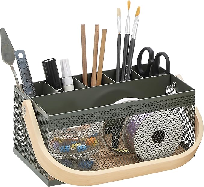 SunnyPoint Utensil Caddy with Plywood Handle – Metal Mesh Silverware & Cutlery Organizer for Kitchen, Picnic, Party, Restaurant & Events (ARMY)