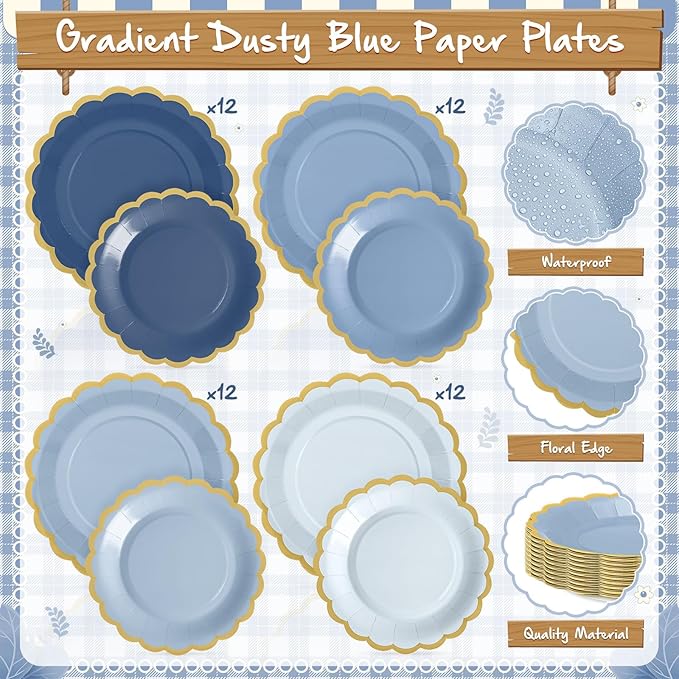 169 Pcs Dusty Blue Plates and Napkins Party Supplies for Guests Blue Tableware Include Scalloped Plates Paper Napkin Cup Spoon Fork Knife for Baby Shower, Wedding, Birthday