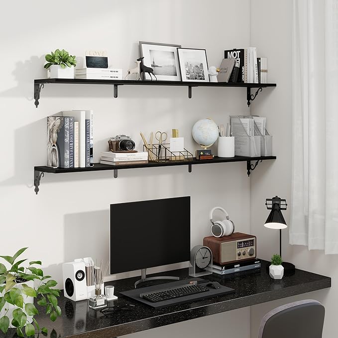 Fun Memories 55 Inch Floating Shelves, Long Floating Shelves Wall-Mounted, 8 Inch Deep Bookshelf with Bracket, 55" W x 8" D Shelves for Wall Display & Storage, Black, Set of 2
