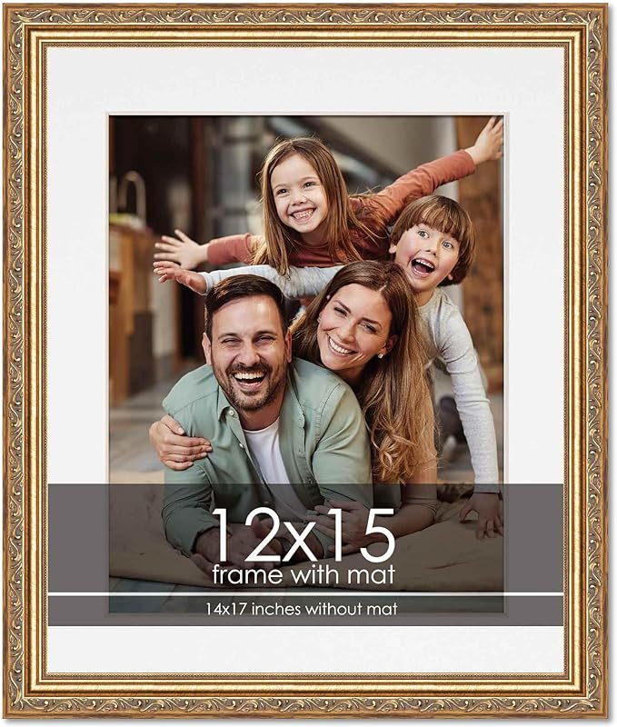 12x15 Frame with Mat - Antique Gold 14x17 Frame Wood Made to Display Print or Poster Measuring 12 x 15 Inches with White Photo Mat