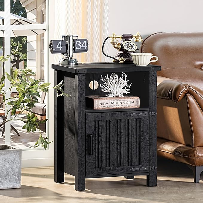 Night Stand Set of 2, 18 Inch Farmhouse Nightstand with with Charging Station and USB Port, Rustic Couch End Table with Magnetic Door, Wood Bed Side Tables for Bedroom, Home, Black