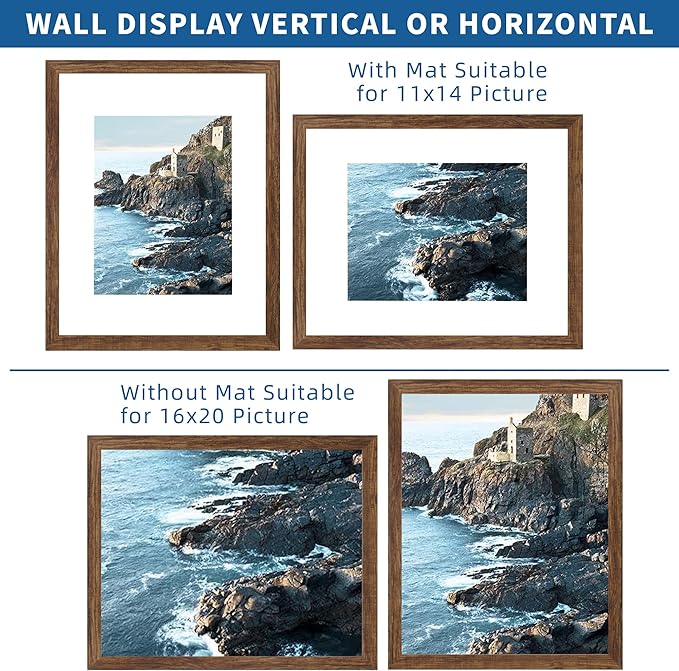 16x20 Frames Set of 2, Rustic Brown Wood Style - Display 16 x 20 Picture without Mat or 11x14 Picture with Mat, Wall Mounting Horizontal and Vertical