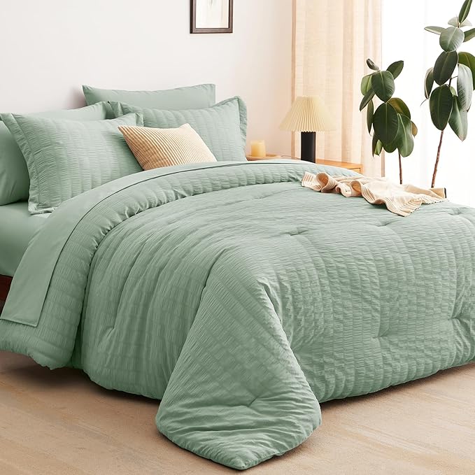 CozyLux Full Size Comforter Sets with Sheets Seersucker 7 Pieces Sage Green Bed in a Bag Textured Luxury Soft Bedding Set with Down Alternative Comforter, Sheets, Pillowcases & Shams for All Seasons