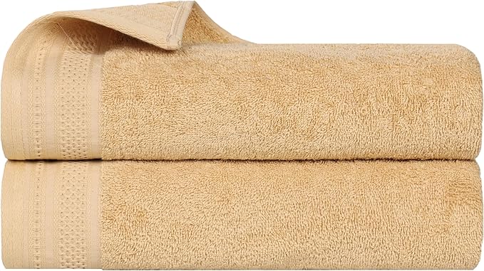 Superior Honeycomb Cotton Medium Weight Towels, for Bathroom, Shower, Spa, Pool, Quick Dry, Adults, Home Essentials, Textured Waffle Border, Oversized Large Towels, Bath Sheets, Set of 2, Gold