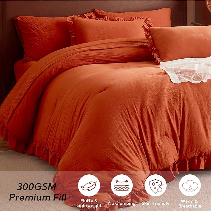 MR&HM Ruffle Comforter Set, Queen Bedding Set 7 Pieces Terracotta, Farmhouse Shabby Chic Bed Set, Boho Bed in a Bag with 1 Comforter, 1 Flat Sheet, 1 Fitted Sheet, 2 Pillowcases & 2 Pillow Shams