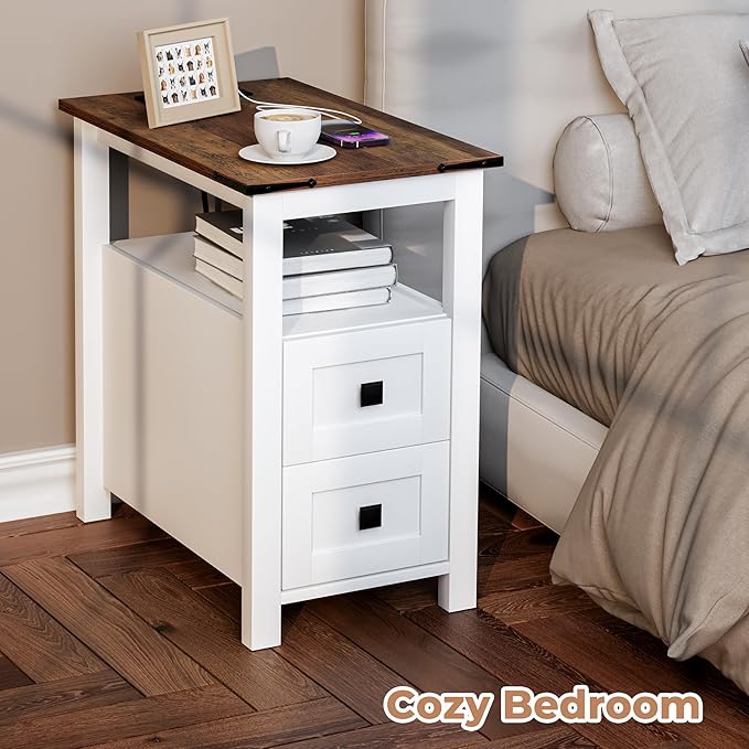 Farmhouse End Table with Charging Station and 2 Storage Drawers, White Wood Nightstand Narrow, Skinny Side Table Rustic, Slim Bedside Table, Open Shelf, Small for Bedroom, Living Room, Sofa