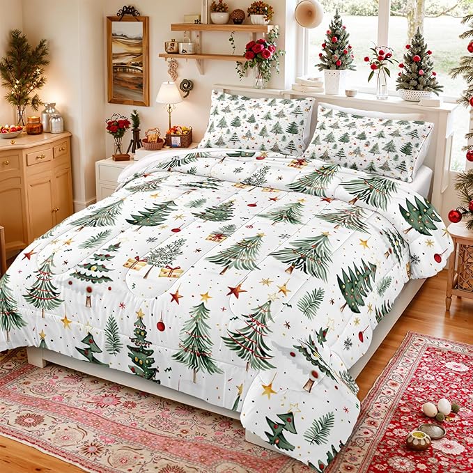 Bedorm Christmas Tree Comforter Queen Merry Xmas Bedding Set Green Xmas Tree Yellow Reds Balls Stars Holiday Decor Green White Quilt Comforter Set