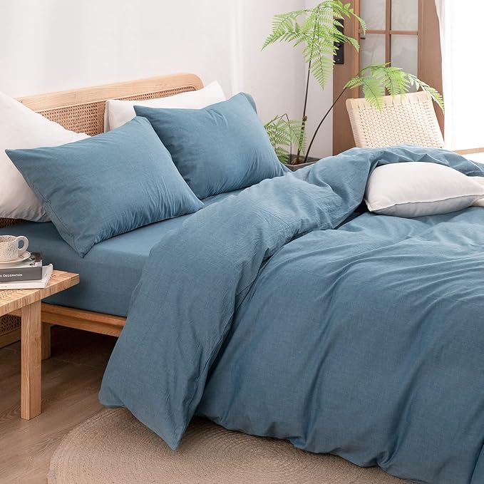 BESTOUCH Duvet Cover Set 100% Washed Cotton Linen Feel Super Soft Comfortable Chic Lightweight 3 PCs Home Bedding Set Solid Dark Blue Queen