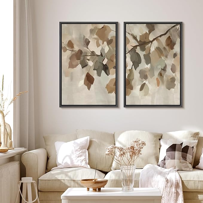 MUDECOR Framed Canvas Print Wall Art Set Abstract Leaf Branch Minimalist Nature-Inspired Beige and Brown Calm/Zen for Living Room, Bedroom, Office - 24"x36"x2 Black
