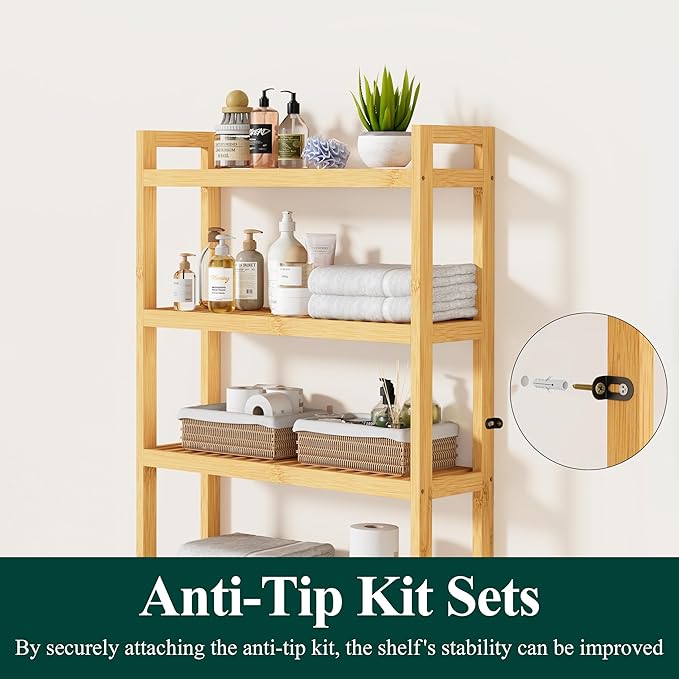 Smiry Over The Toilet Storage Cabinet, 4-Tier Bamboo Bathroom Organizers with Adjustable Shelf & 4 Hooks, Space Saving Shelf Rack for Bathrooms, Laundry Room, Balcony, Natural