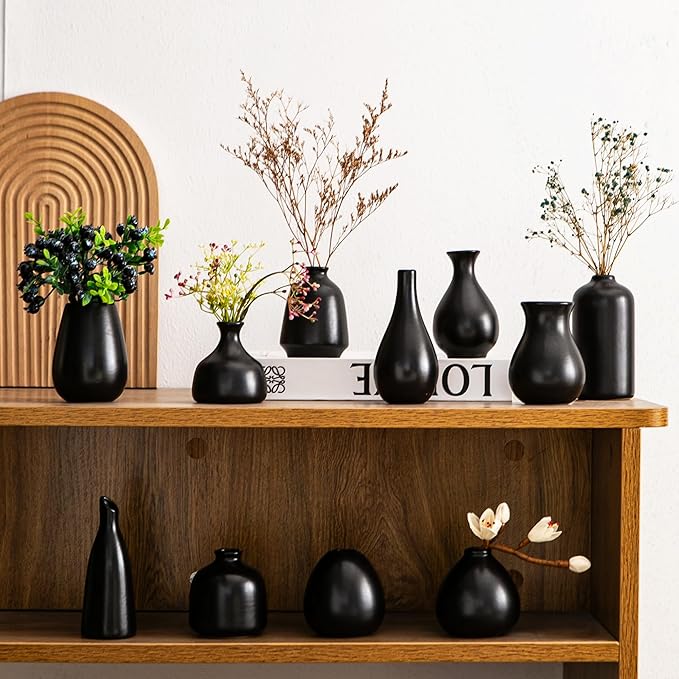Ceramic Bud Vases, Black Mini Vase Set of 11, Small Pottery Vases for Flowers Mini Ceramic Vases for Pampas Grass Vase Bulk for Wedding Table Centerpieces Decoration Boho Home Decor