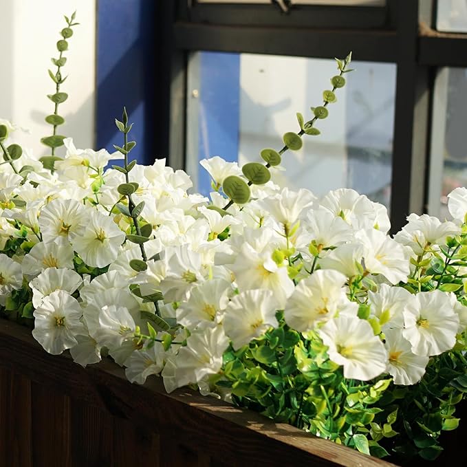 26PCS White Faux Flowers for Outdoor Planters Artificial Flowers for Outdoors Morning Glory Fake Outdoor Flowers UV Resistant for Porch Terrace Yard