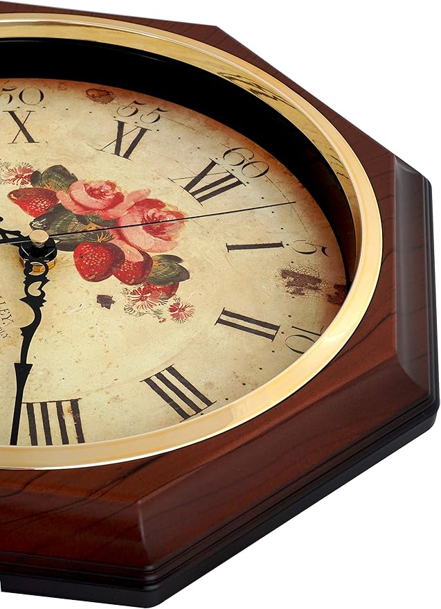JUSTIME Traditional Schoolhouse Classic Vintage Rose Regulator Wall Clock, Chiming Wall Clocks with Pendulum & Westminster Chime Hourly, Schoolhouse Wall Decor Battery Operated (Dark Wood Grain)