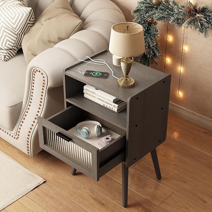 Mid Century Modern Nightstand with Charging Station, Bedside Tables with Glass Drawer, End Table Side Table with 2 Tiers Storage Space, for Bedroom, Living Room, Dark Grey