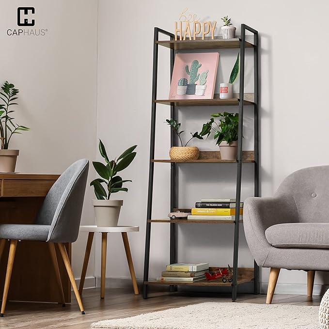 CAPHAUS 5 Tier Ladder Bookshelf, 24 Inch Width Free Standing Shelf, Bookcase Shelf Storage Rack Organizer, Industrial Book Shelves for Home Office, Living Room, Kitchen, Rustic Oak, Vintage Shelves