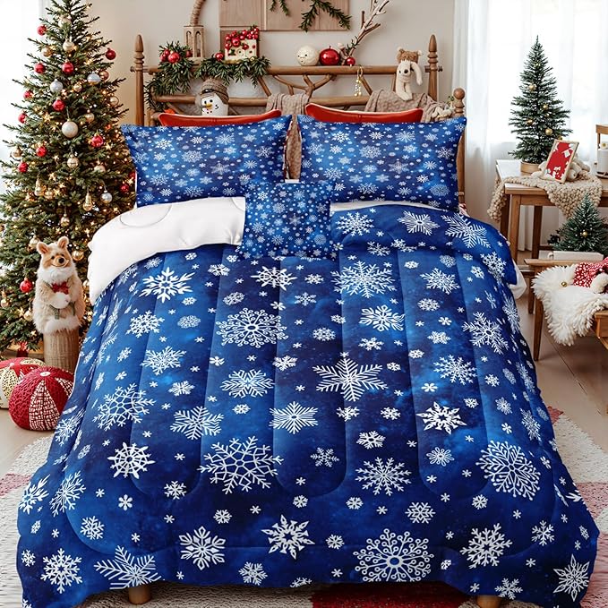 Bedorm Blue Snowflake Comforter Merry Christmas Bedding Set Xmas Holiday Theme Blue White Winter Bedding Happy New Year Quilt Comforter Set