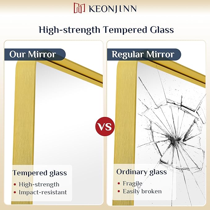 Keonjinn Gold Bathroom Mirrors for Over Sink 42” x 36” Large Brushed Brass Metal Framed Mirror, Rounded Rectangle Bathroom Vanity Mirror, HD Tempered Glass Modern Mirror for Wall(Horizontal/Vertical)