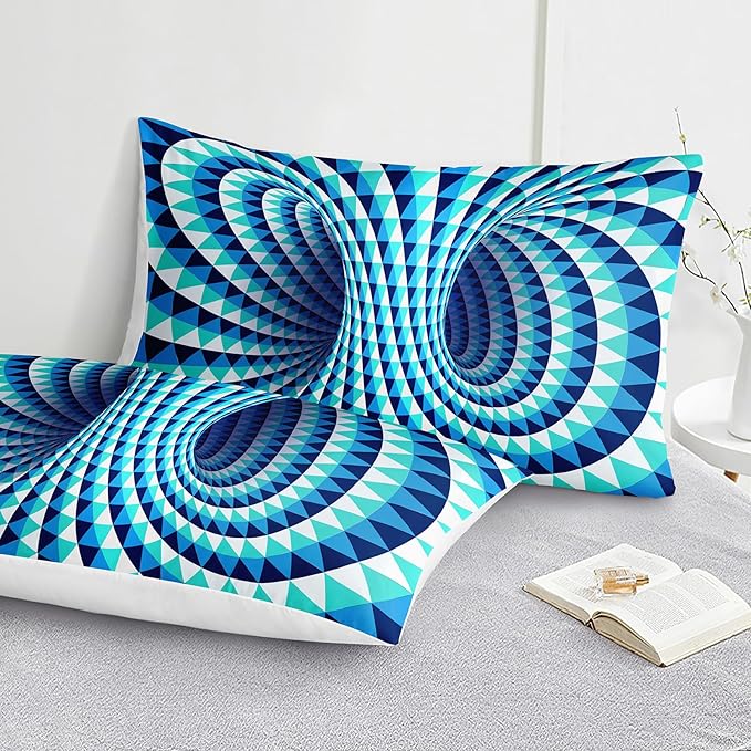 Bedorm Triangle Geometric Comforter Set 3D Abstract Bedding Set with Sheet Set Aqua Blue Triangle Tunnel Aesthetic Comforter Modern Psychedelic Bedding Comforter Set Queen