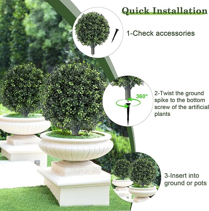 16" Artificial Boxwood Topiary Trees, UV Resistant Outdoor/Indoor Faux Plants Realistic Landscaping Decor for Porch Garden Entryway-2 Pack