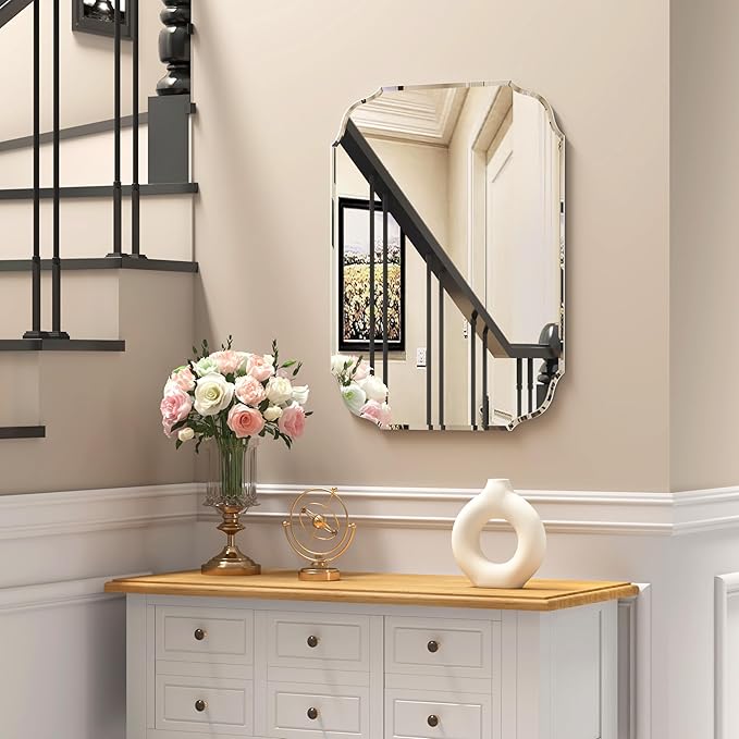 KOHROS Frameless Scalloped Beveled Edges Mirror 20" x 28" Bathroom Mirrors for Over Sink Silver Wall Mirror for Bathroom, Vanity, Bedroom (Horizontal or Vertical)