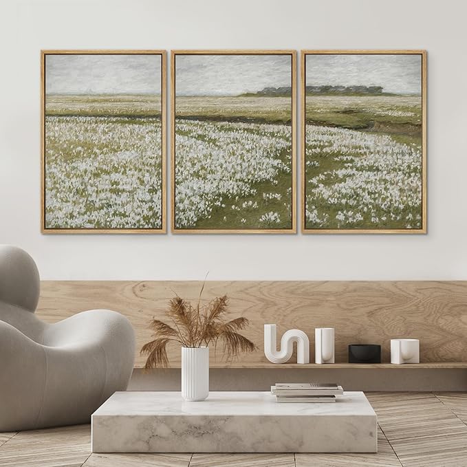 SIGNWIN Framed Canvas Print Wall Art Set White Daisy Flower Country Farm Field Nature Abstract Illustrations Fine Art Decorative Nordic for Living Room, Bedroom, Office - 16"x24"x3 Natural